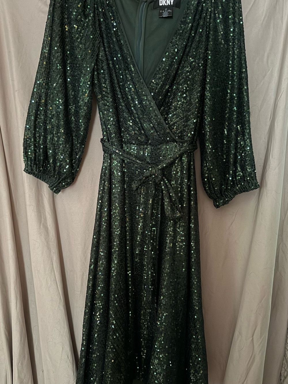 DKNY Dark Green Sequin Wrap Maxi Dress